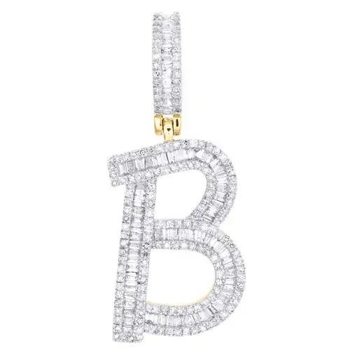 10K Yellow Gold Baguette Diamond Script Initial B Pendant 1.5″ Letter Charm 1 CT