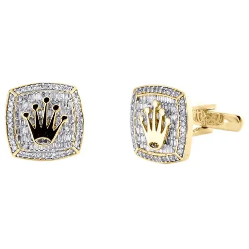 10K Yellow Gold Baguette Diamond Square Frame King‘s Crown Cuff Links 1.25 Ct.