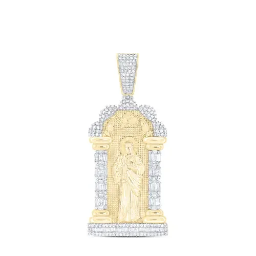 10K Yellow Gold Baguette Diamond St Jude Medallion Pendant Men‘s Charm 1.33 CT