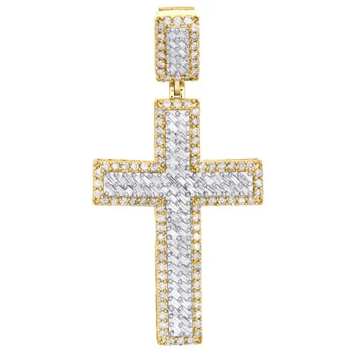 10K Yellow Gold Baguette Diamond Statement Cross Pendant 2.10″ Charm 1.57 CT.
