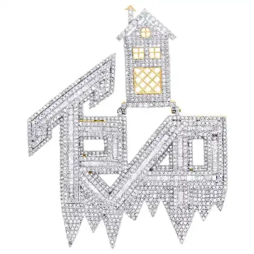 10K Yellow Gold Baguette Diamond Trap House Statement Pendant 2.20″ Charm 3.50 CT.