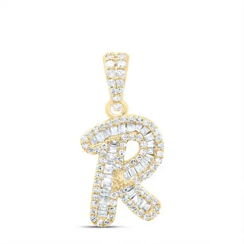10K Yellow Gold Baguette Diamond Women‘s Script Font Initial R Pendant 1/3 CT