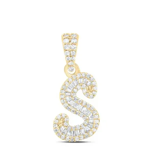10K Yellow Gold Baguette Diamond Women‘s Script Font Initial S Pendant 1/3 CT