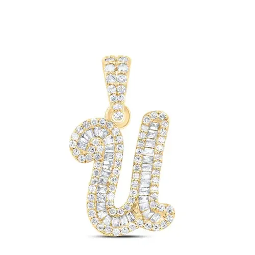 10K Yellow Gold Baguette Diamond Women‘s Script Font Initial U Pendant 3/8 CT