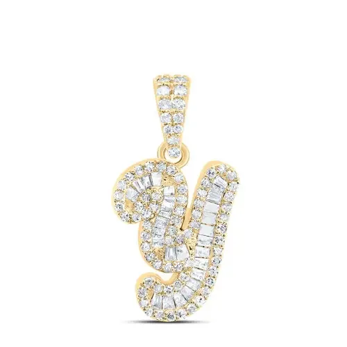 10K Yellow Gold Baguette Diamond Women‘s Script Font Initial Y Pendant 1/3 CT