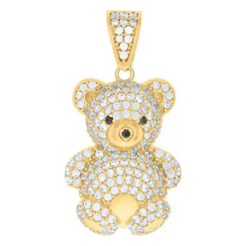 10K Yellow Gold Black Round CZ Unisex 1.25″ Ice Out Toy Charm Teddy Bear Pendant
