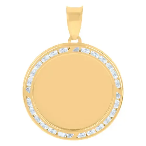 10K Yellow Gold Channel CZ Unisex 1.35″ Charm Round Picture Memory Frame Pendant