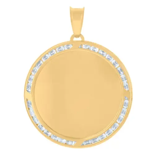 10K Yellow Gold Channel Set CZ 1.55″ Charm Round Picture Memory Frame Pendant