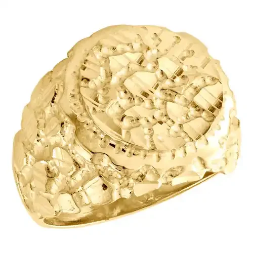 10K Yellow Gold Circle Frame 18mm Diamond Cut Nugget Statement Pinky Ring Band