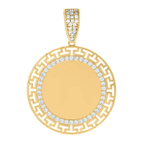 10K Yellow Gold CZ 1.45″ Greek Key Border on Circle Picure Memory Frame Pendant