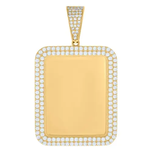 10K Yellow Gold CZ 2.05″ 2 Row Rectangle Dog Tag Memory Frame Picture Pendant