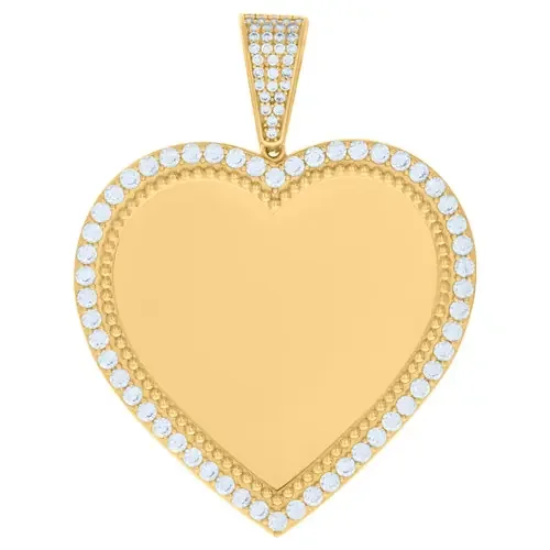 10K Yellow Gold CZ 2.05″ Bead Border Charm Heart Picture Memory Frame Pendant