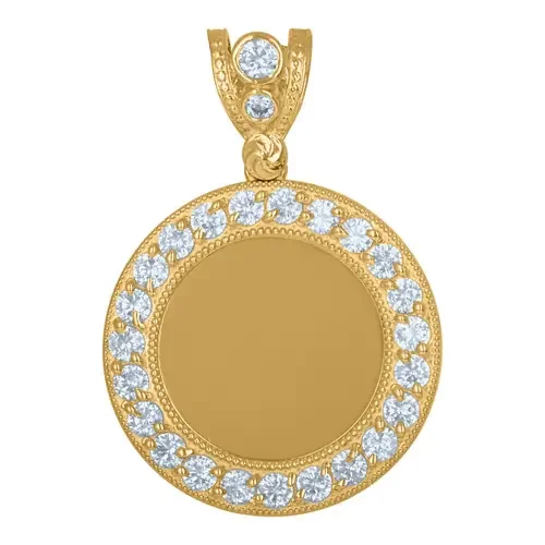 10K Yellow Gold CZ Men‘s 1.35″ Beaded Border Circle Picture Memory Frame Pendant