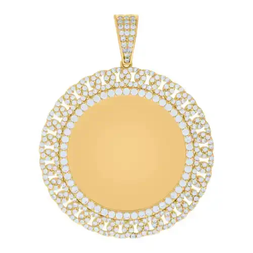 10K Yellow Gold CZ Men‘s 1.85″ Cuban Border Circle Picture Memory Frame Pendant