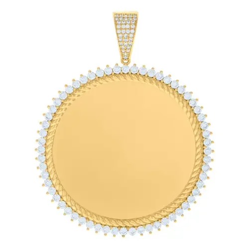 10K Yellow Gold CZ Men‘s 2.45″ Braided Rope Circle Picture Memory Frame Pendant