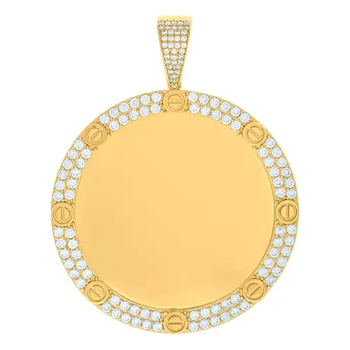 10K Yellow Gold CZ Men‘s 2.45″ Rivet / Screw Circle Picture Memory Frame Pendant