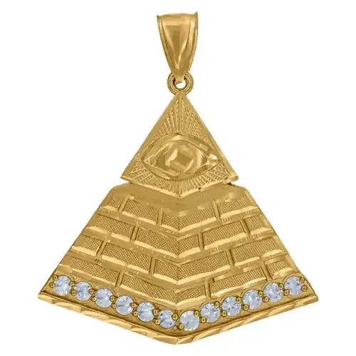 10K Yellow Gold CZ Men‘s 2″ Diamond Cut Charm Egyptian Eye of Ra Pyramid Pendant