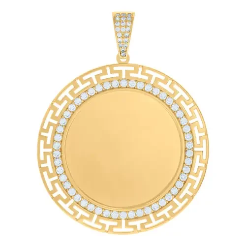 10K Yellow Gold CZ Men‘s 2″ Greek Key Border Circle Picture Memory Frame Pendant
