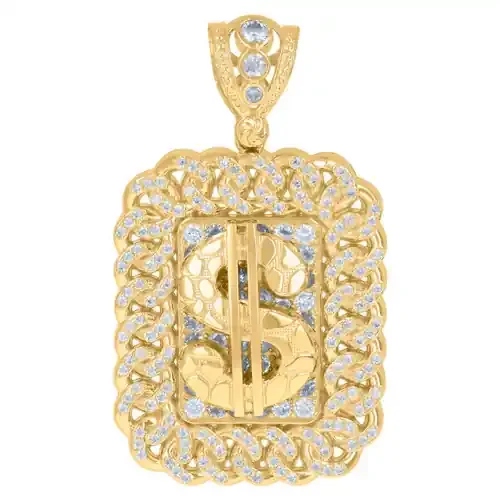 10K Yellow Gold CZ Men‘s Cuban Rectangle Medallion Nugget Dollar Sign Pendant