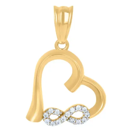 10K Yellow Gold CZ Women‘s 1″ Open Love Charm Slanted Heart w/ Infinity Pendant