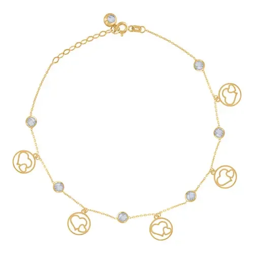 10K Yellow Gold CZ Women‘s Double Heart in Frame Charm Cable Anklet 9″ + 1″ Ext