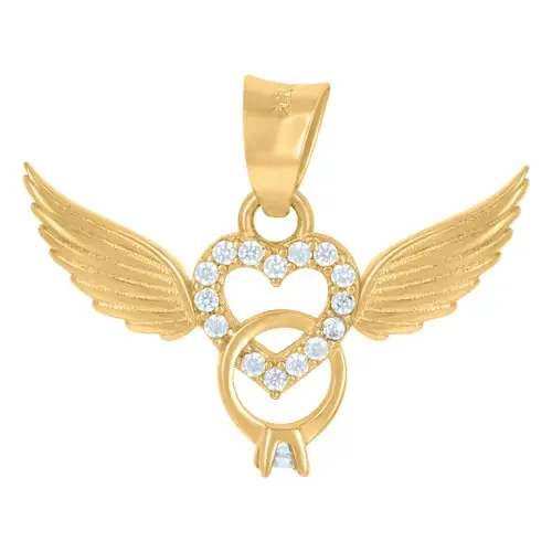 10K Yellow Gold CZ Women‘s Love Charm Flying Heart w/ Engagement Ring Pendant