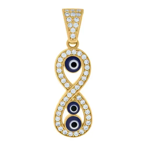 10K Yellow Gold CZ Women‘s Vertical Enameled Charm Infinity w/ Evil Eye Pendant