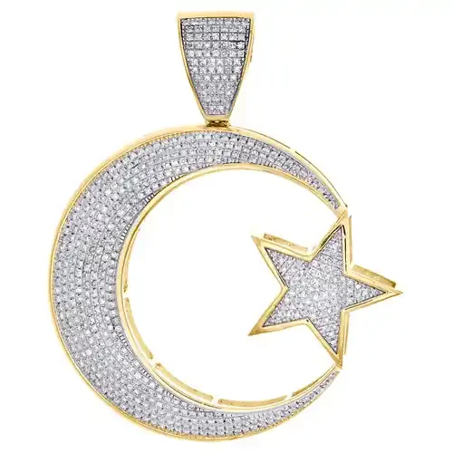 10K Yellow Gold Daimond Men‘s Crescent Moon & Star Pendant Islamic Charm 1.20 CT