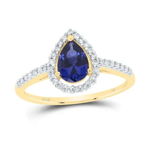 10K Yellow Gold Diamond & Created Sapphire Pear Teardrop Engagement Ring 1 TCW
