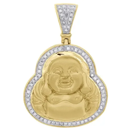 10K Yellow Gold Diamond 3D Laughing Prosperity Buddha 1.35″ Pave Pendant 0.40 CT