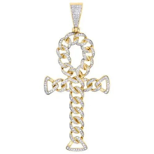 10K Yellow Gold Diamond Ankh Cross Miami Cuban Design Pendant 2.9″ Charm 7/8 CT.