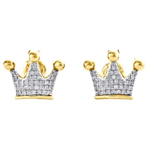 10K Yellow Gold Diamond Crown King Royalty Throne Stud 13mm Pave Earrings 1/8 CT