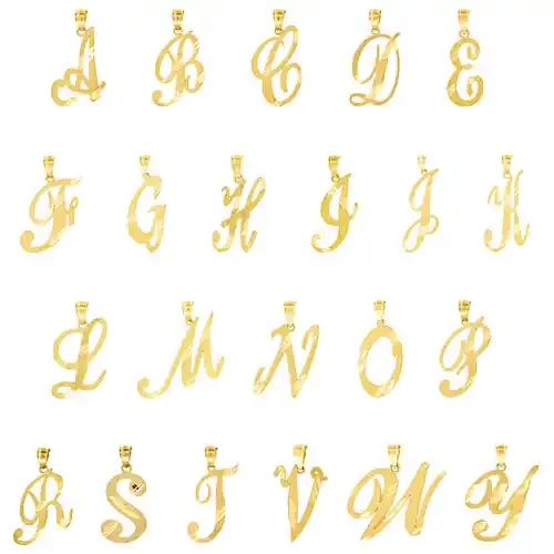 10K Yellow Gold Diamond Cut Script Initial Charms Small Letter Pendants A to Y