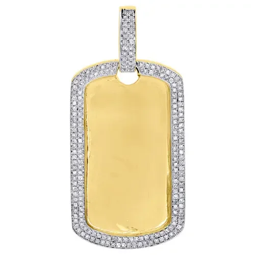10K Yellow Gold Diamond Dog Tag Pendant 1.90″ Mens Round Pave ID Charm 0.80 Ct.