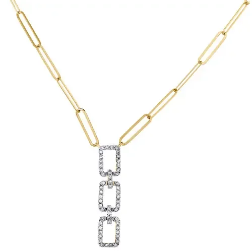 10K Yellow Gold Diamond Fancy Square Charm Paper Clip 18″ Cable Necklace 1/4 CT.