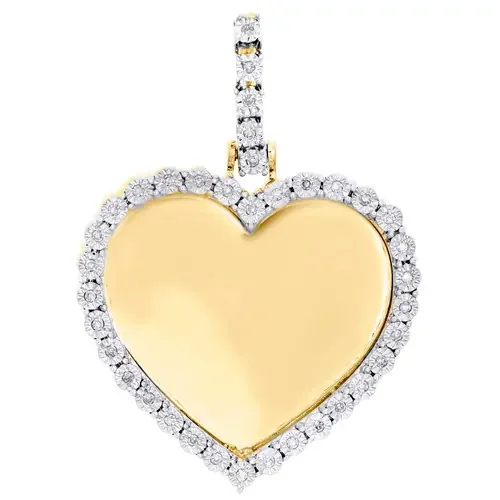 10K Yellow Gold Diamond Heart Picture Memory Frame Pendant 1.30″ Charm 0.10 CT.