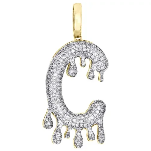 10K Yellow Gold Diamond Initial C Letter Drip Bubble Pendant Pave Charm 1/2 CT.