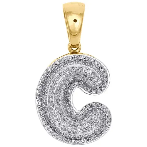 10K Yellow Gold Diamond Initial C Pendant 1.25″ Mini Bubble Letter Charm 1/2 CT.
