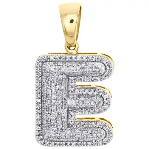 10K Yellow Gold Diamond Initial E Pendant 1.25″ Mini Bubble Letter Charm 5/8 CT.