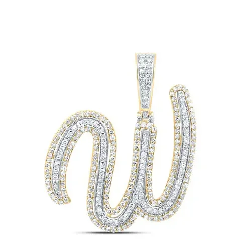 10K Yellow Gold Diamond Italic Font Slanted Letter Initial W Pendant 1 1/5 CT