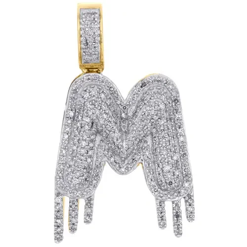 10K Yellow Gold Diamond M Initial Bubble Drip Pendant Pave Dome Charm 0.62 CT.