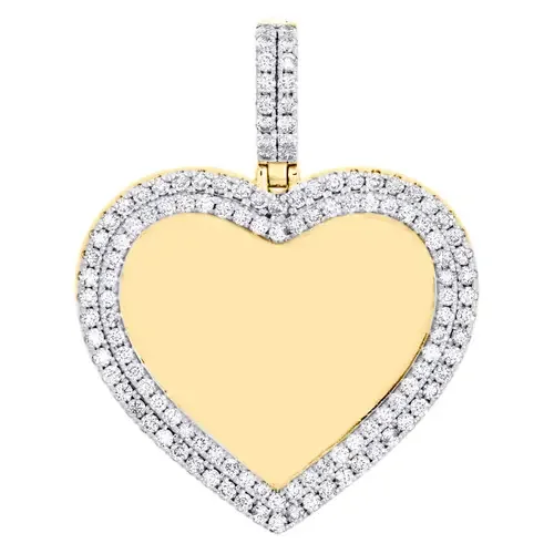10K Yellow Gold Diamond Memory Picture Heart Frame Pendant 1.70″ Pave Charm 2 CT