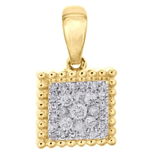 10K Yellow Gold Diamond Milgrain Square Frame Cluster Pendant 0.55″ Charm 1/8 CT