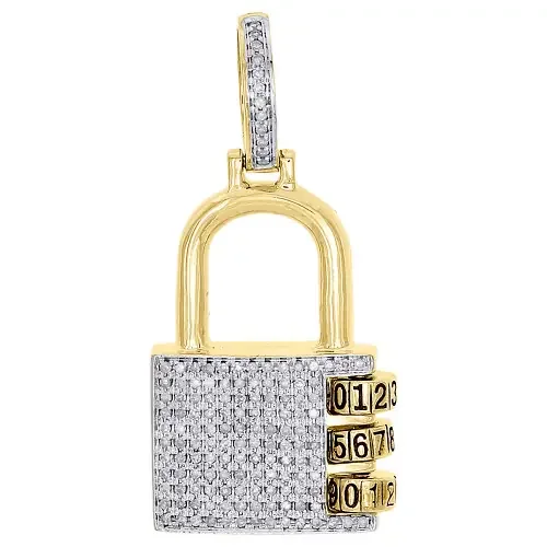 10K Yellow Gold Diamond Padlock Lock Code Pendant 1.45″ Mens Pave Charm 0.44 Ct.