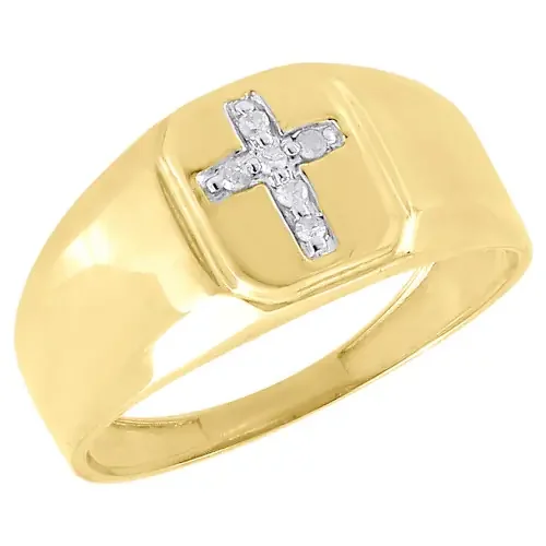 10K Yellow Gold Diamond Pinky Ring Square Top Cross Statement Band 0.05 Ct.