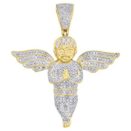 10K Yellow Gold Diamond Praying Hands 3D Angel Pendant 2″ Pave Charm 1.50 ct.