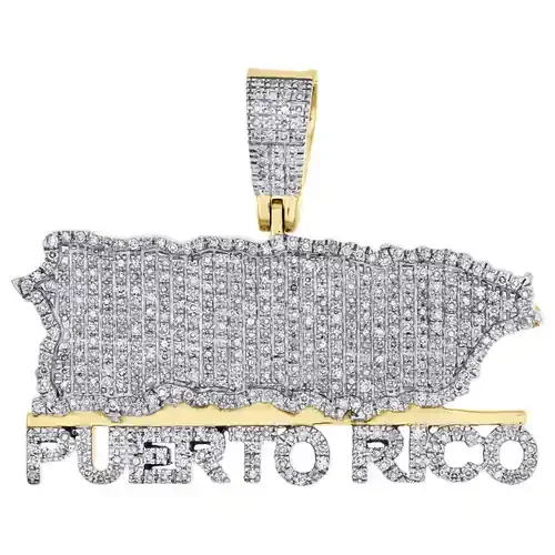 10K Yellow Gold Diamond Puerto Rico Map Pendant Atlas 1.15″ Charm 0.95 CT.