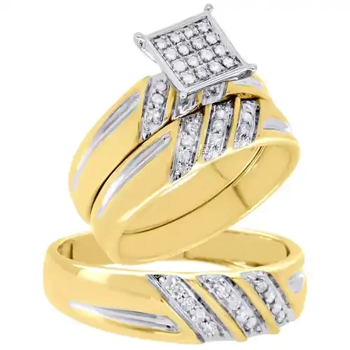 10K Yellow Gold Diamond Square Engagement Ring Wedding Matching Trio Set 1/3 Ct.