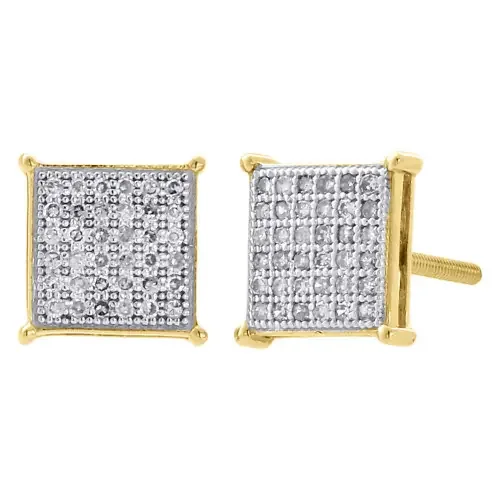 10K Yellow Gold Diamond Square Studs Pave Set 8.20mm 4 Prong Earrings 0.25 Ct.