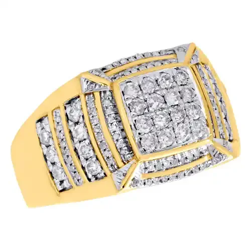 10K Yellow Gold Diamond Step Shank Square Tier Pinky Ring Statement Band 0.97 CT